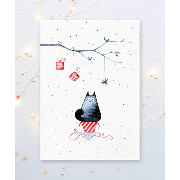Cute Cat Christmas Card – Watercolor Holiday Card with Presents – Blank Inside for Personal Messages – Perfect Greeting Card for Cat Lovers and Holiday Wishes