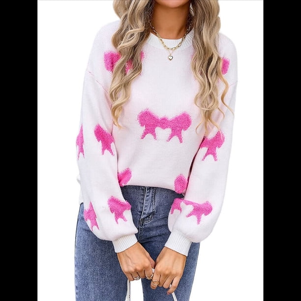 Suéter de Mujer Otoño 2025 - Jersey de Larga con Cuello Redondo, Jersey de Punto Oversize, Jersey Informal con Estampado Rosa Roja M