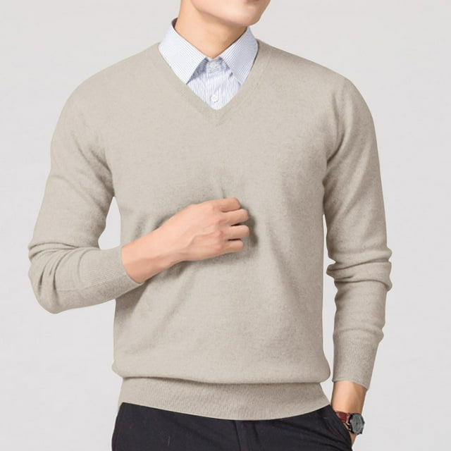 fheaev Sweater for Men Fall Soft Classic Pullover Top Men'S Winter Casual Fashion Solid Color Texture Long Sleeved V Neck Sweater