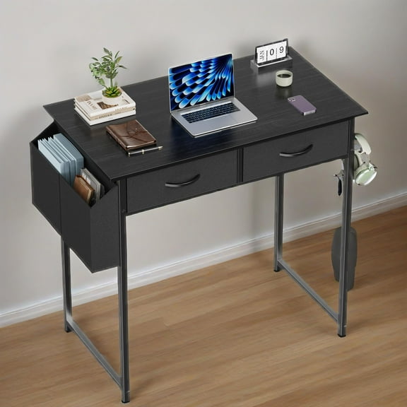 Vireonix 32IN Black Computer Desk with Drawers, Adjustable Feet & Storage for Small Spaces