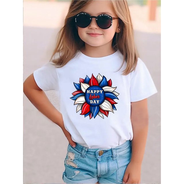 Happy Labor quot; Graphic Tee for Girls - Casual White Knit T-Shirt with Patriotic Star Design, Short Sleeve, Round Neck, Perfect for Spring/Summer, Casual Attire|Patriotic Design|Comfortable Fit