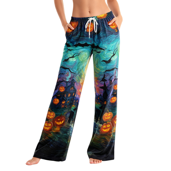 LNZGNM Halloween Pajama Pants for Women Pumpkin Face Print Cozy Home Wear Winter Loose Fit Drawstring Waist Holiday Party Nightwear, (M)
