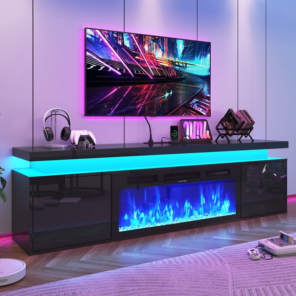 Blotout 70'' Fireplace TV Stand with 36'' Fireplace, Gloss Wall Mounted Fireplace Entertainment Center with Storage&Power Outlet, Modern LED Light Console for Wall-mounted TV Up to 80''