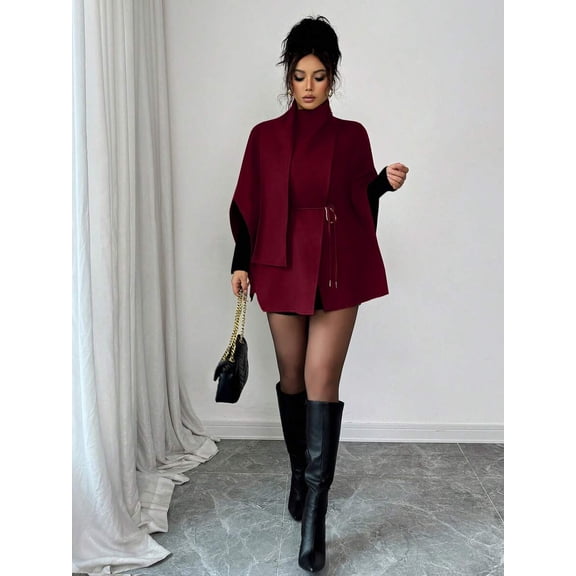 Women's Khaki Cloak Shawl Scarf Waist Belt Decor Jacket, Burgundy, Sizes