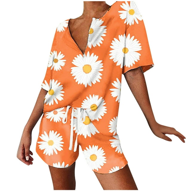 Cameland Women's Spring and Summer Loose Fitting Pajama Short Sleeved V-Neck Pajama Set Drawstring Shorts Set