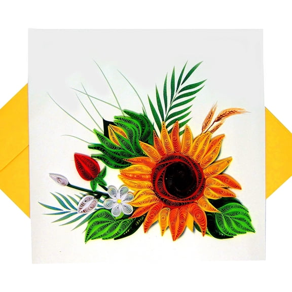 Sunflower, quilling art greeting card for birthday, valentine's day, mother's day, anniversary, thank you, get well, 6" x 6"