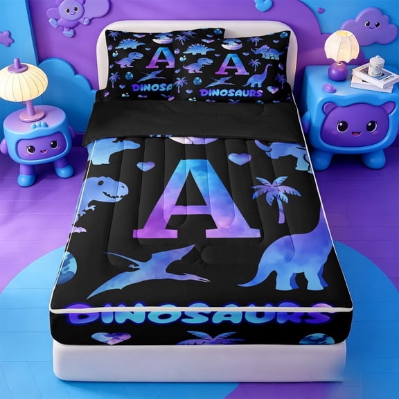 meiyoeat Dinosaur Watercolor Monogram A Zipper Twin Comforter Sets with Fitted Sheet and 2 Pillowcases For Boys,Wild Animal Themed Zipper Bedding Set,Black Reversible,4 Pieces