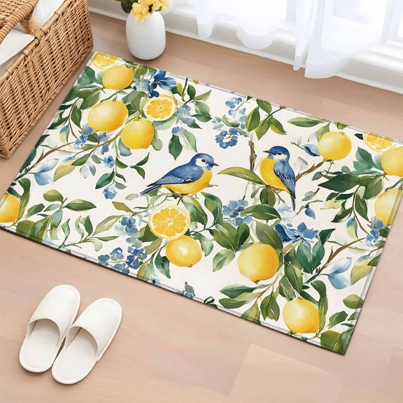 Lemon Bird Bathroom Rug Washable 2x3 Entryway Rug Non Slip Watercolor Yellow Green Foliage Flower Leaf Front Door Mat Low Pile Indoor Doormat Throw Floor Carpet for Kitchen Bedroom Entrance