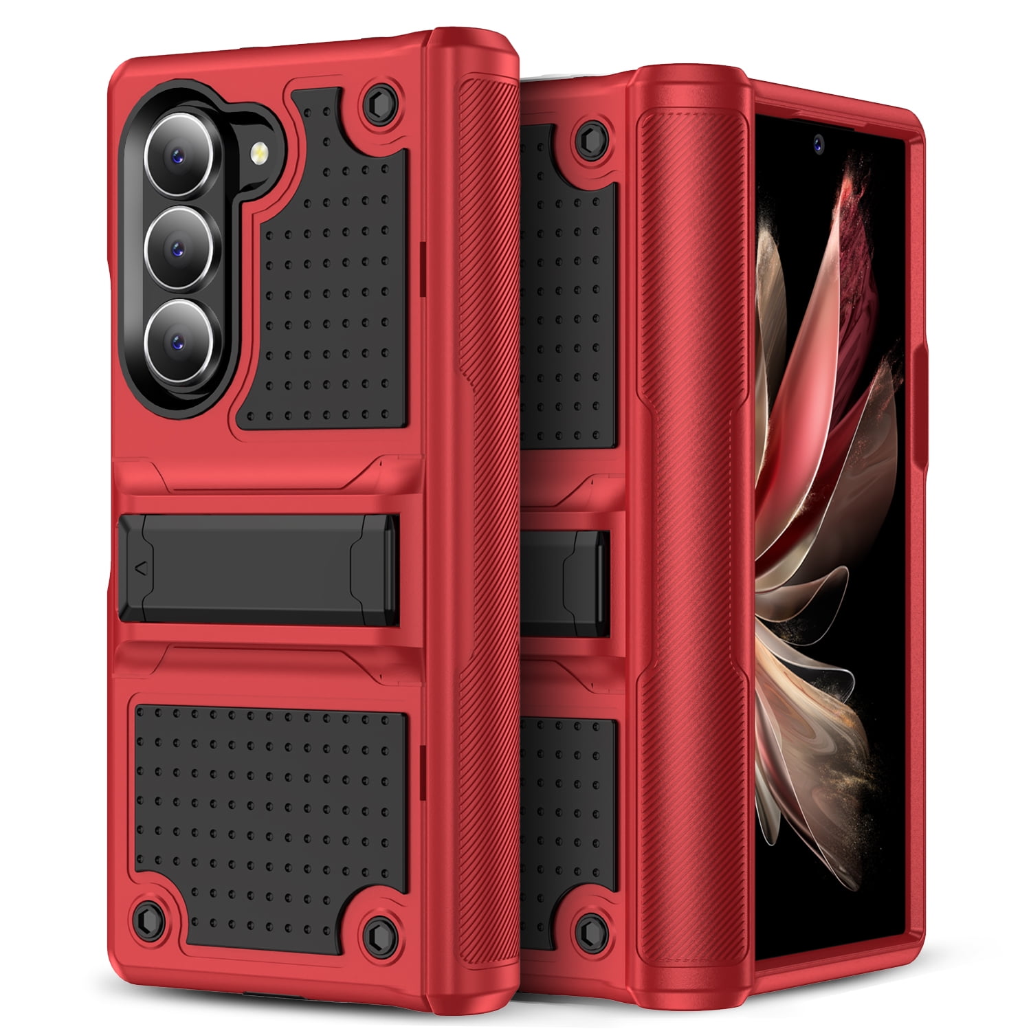 Armor Shockproof Case for Samsung Galaxy Z Fold 5, [Military Grade Anti-Drop] Rugged Hybrid Hard PC+Soft Silicone Heavy-Duty Tough Durable with Kickstand Protective Bumper Phone Case, Red