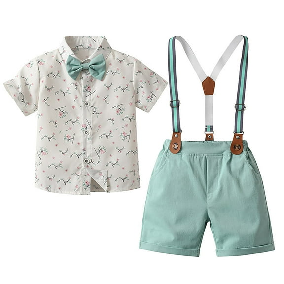Wxirdiow Boys Suits Kids Toddler Boys Formal Outfit 3pcs Sets Short Dress Shirt Suspender Pants Bow Tie Light Green Size,7-8 Years