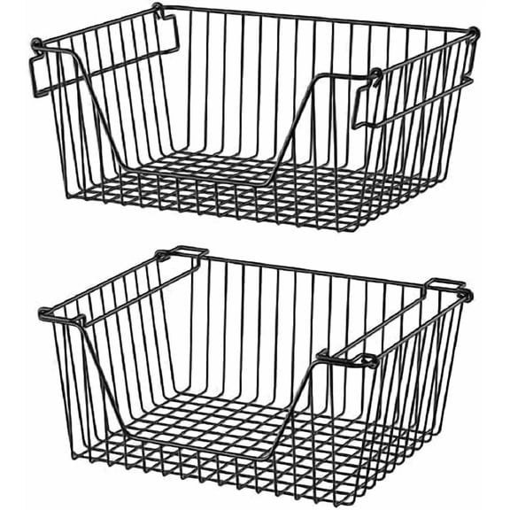 14'' Black Stackable Storage Baskets Sturdy Metal Wire Freezer Bins Cabinet Organizer for Pantry Home Bathroom Kitchen Organization- Set of 2