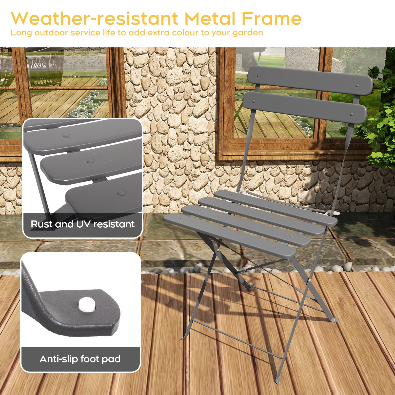 Set of 2 Table and Chairs, 3 Piece Outdoor/Indoor Folding Patio Bistro Sets, 2 Chair Patio Furniture Set with Table, Premium Frame Foldable Coffee Tables for Balcony, Yard, Garden, Grey