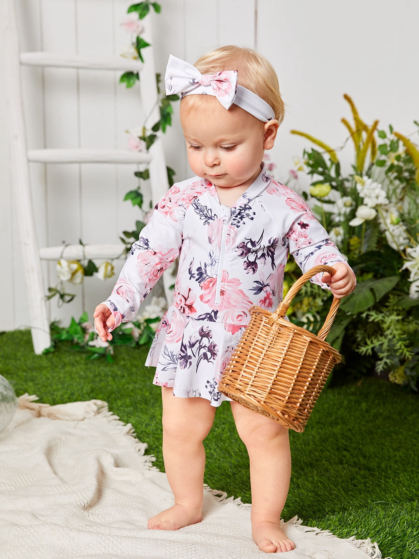 Breathable And Cozy Soft Multicolor Baby Girl Floral Zip Front Ruffle Hem One Piece Swimsuit With Headband Ld 90 1 2y Walmart Com