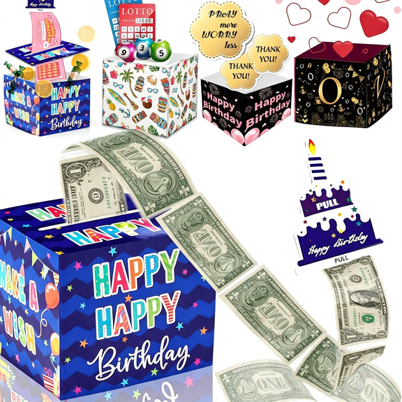 CCOCC Birthday Money Box for Cash Gift Pull, Surprise Money Roll Gift Box with Pull Out Card and 30 Transparent Bags Diy Set, Funny Ways to Give Money As Gift for Parents, Lovers, Friends (Blue)