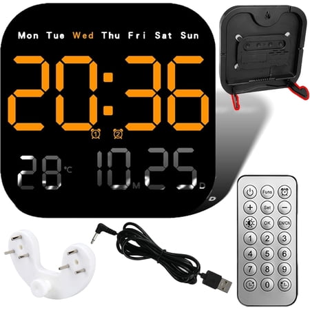 Multifunctional Digital Alarm Clock for Home & Office, Large LED Display Clock with Remote Control, Adjustable Brightness, Date Day Temperature Display, Desk or Wall Mounted Modern Clock (Yellow)
