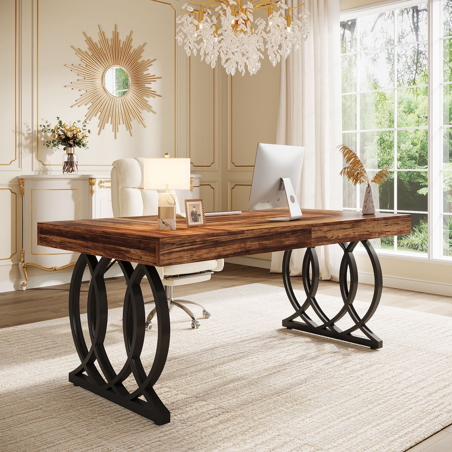 Tribesigns 63-inch Executive Desk, Industrial Office Computer Desk with Geometric Legs, Rustic Brown and Black