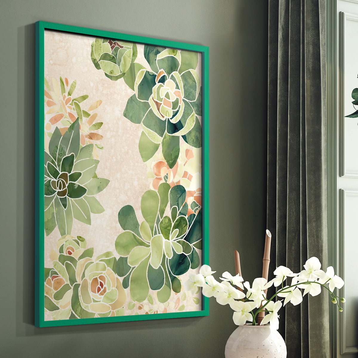 Stained Glass Succulents II Framed Print in Green Solid Wood Framed Print No Nail Hanging