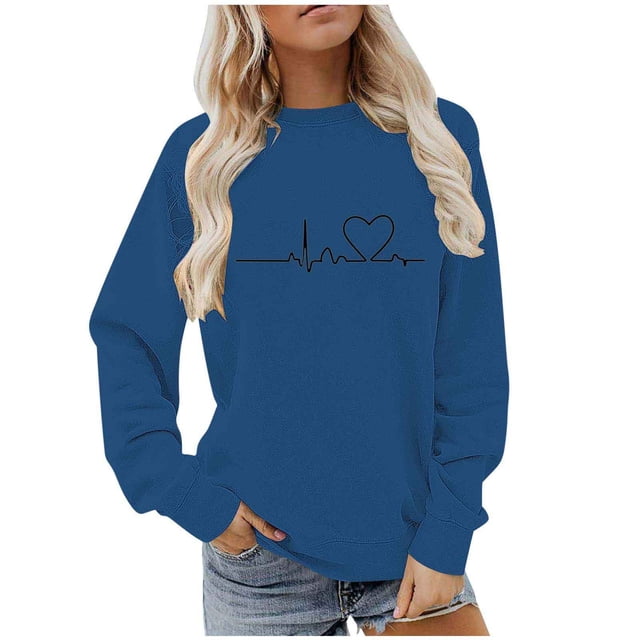 BLVB Chandail à Col Rond pour Femmes, Imprimé de Cœur, Manches Longues, Mignon, Coupe Ample, Léger, Hauts d'Automne, Cadeaux de la Saint-Valentin