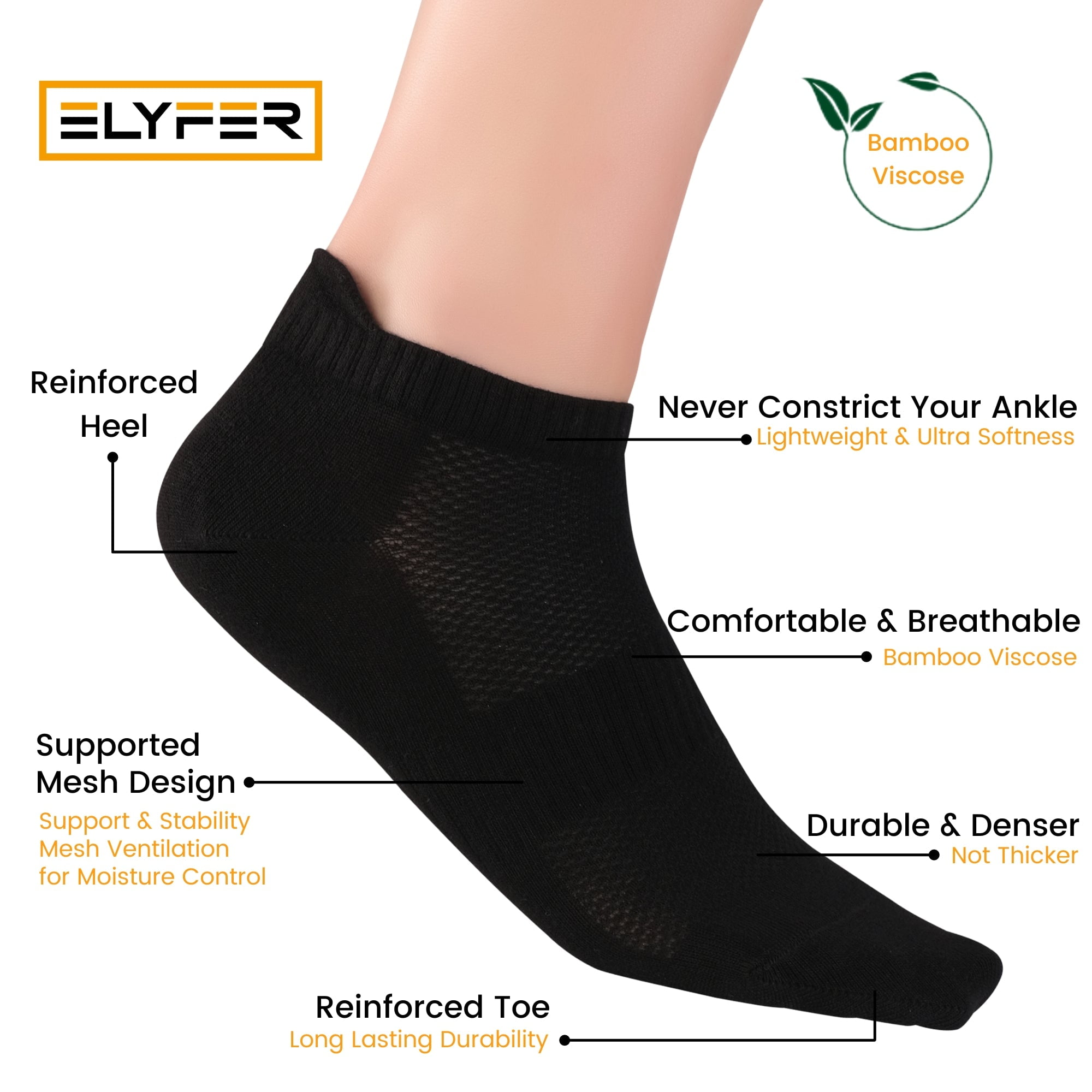 ELYFER Unisex Thin Bamboo Fiber Ankle Socks 8 Pairs - Seamless Toe, Lightweight, Comfortable, Breathable Low Cut Athletic Sports Socks for Men and Women