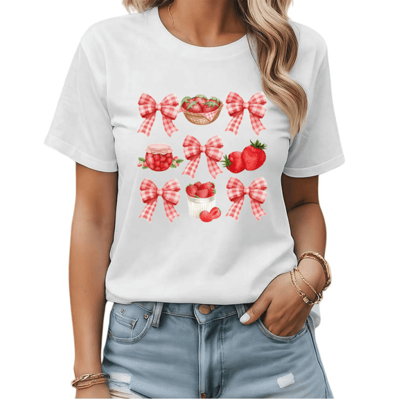 Strawberry & Gingham Bow Coquette Graphic Tees Womans T-shirt Black/White S-5XL Shirts Retro Picnic Tops