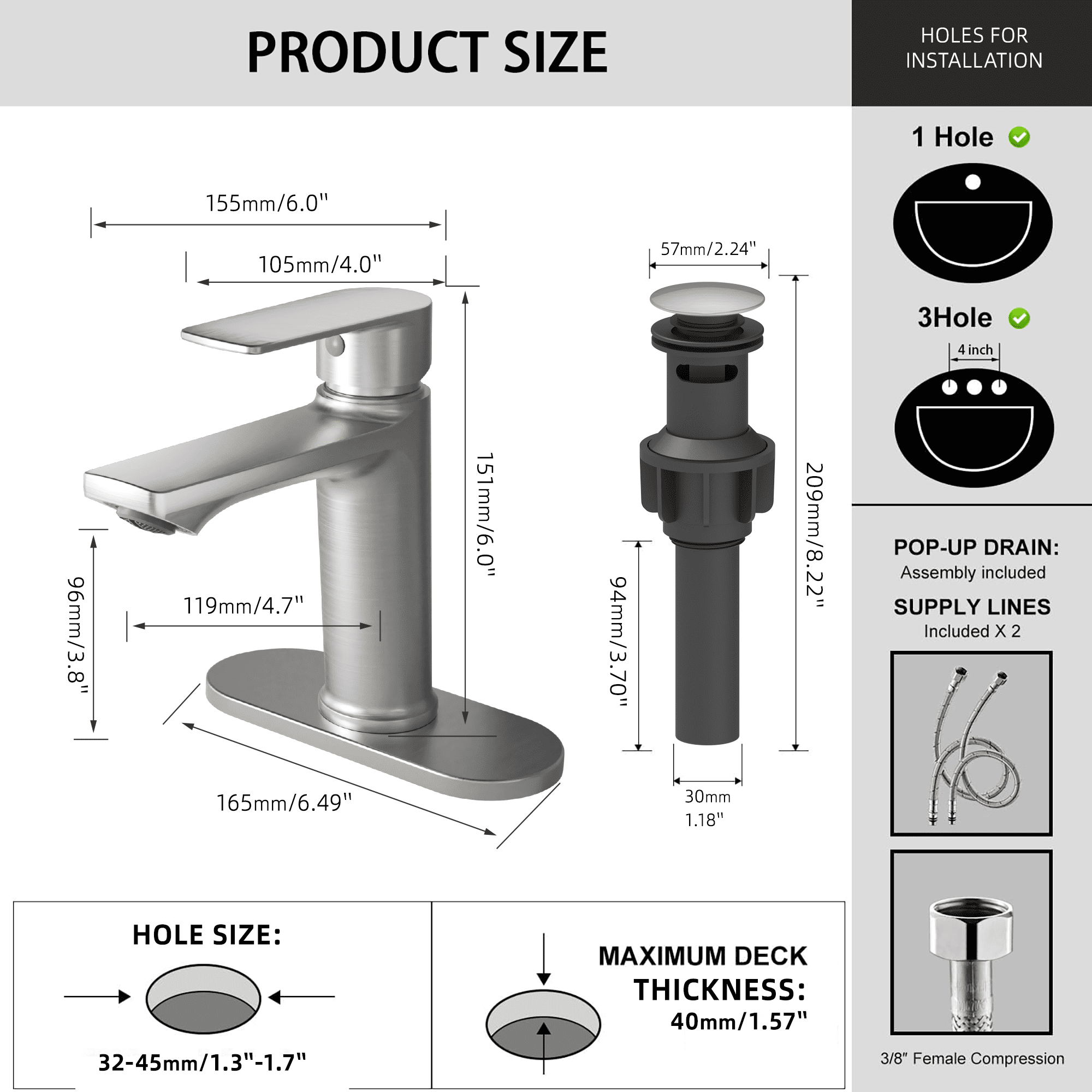 BELZ Bathroom Faucet Modern Waterfall Bathroom Sink Faucet with Single Handle with Pop Up Drain and Deck Plate Suitable for 1 or 3 Holes，Brushed Nickel