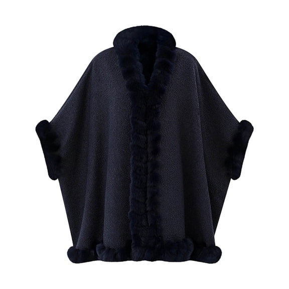 Ecqkame Women Sherpa Cape Shawl Fleece Lined Faux Fur Trim Open Front Warm Coats Loose Poncho Winter Casual Outerwear Navy Free Size