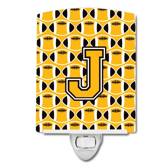 Caroline's Treasures CJ1080-JCNL Letter J Football Black, Old Gold and White Ceramic Night Light, 6x4x3", multicolor