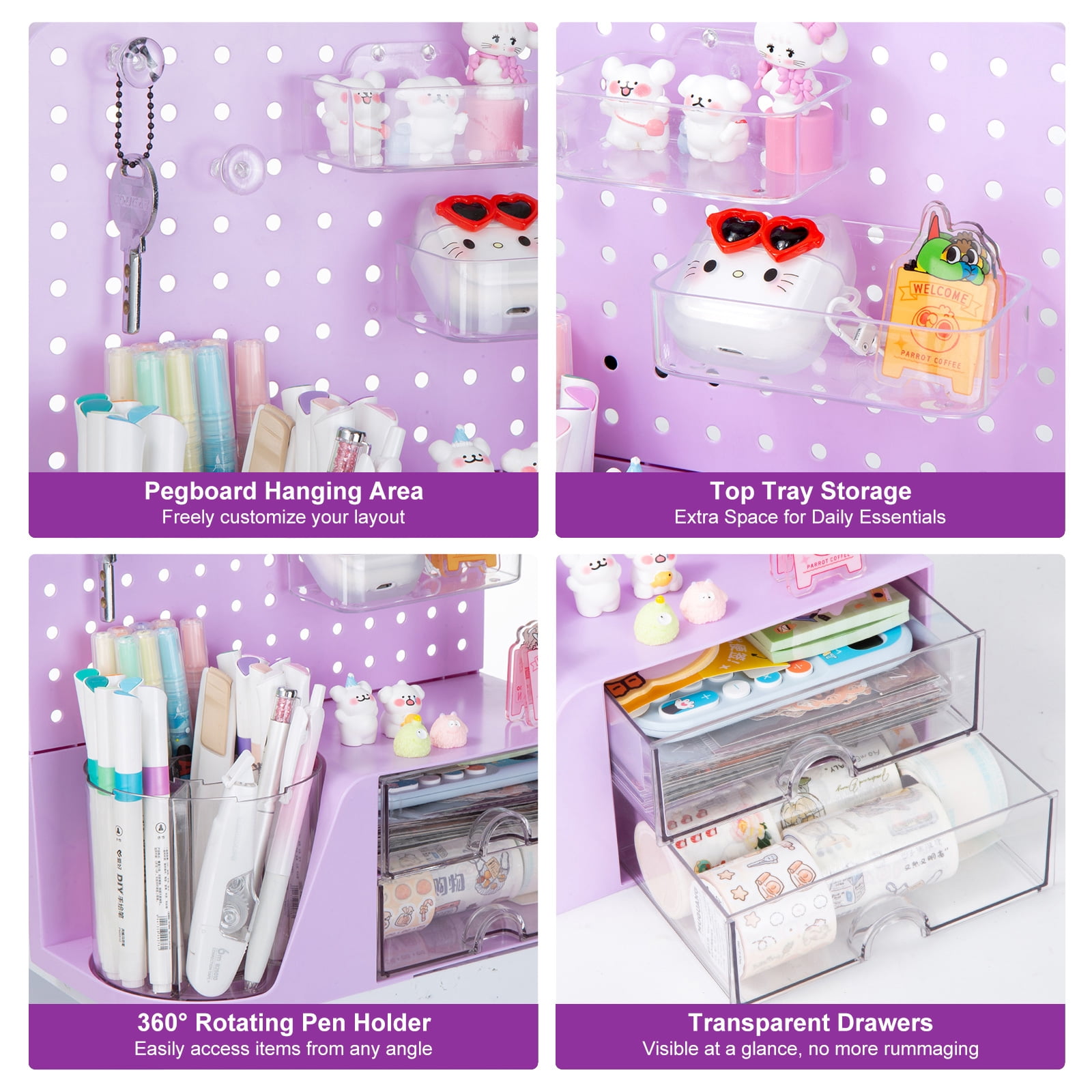 Vivin Desk Organizer, Small 2 Drawer Unit and Pen Holders, Multi-Purpose Pegboard organizer For Home Office, Purple