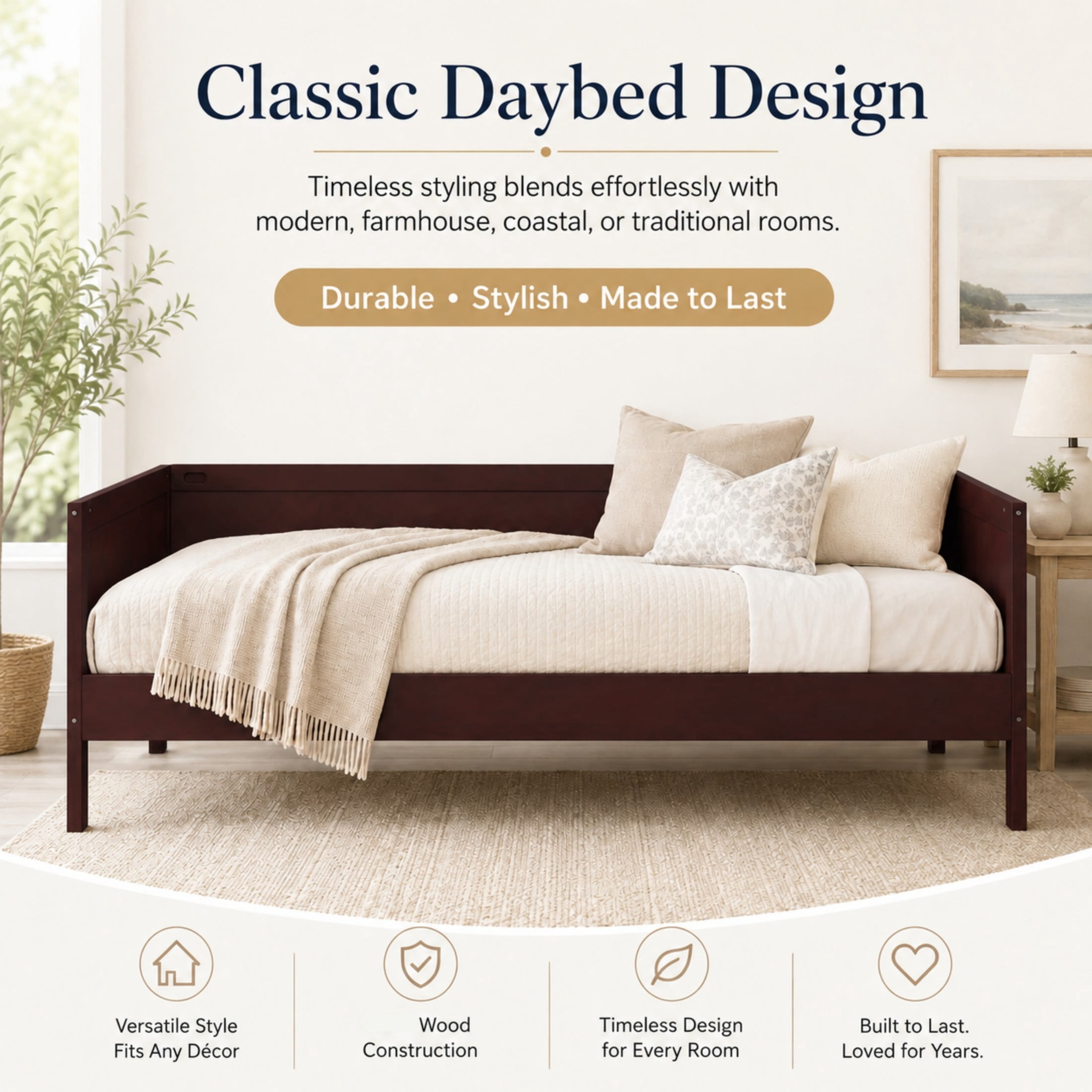 GDF Studio Onus Twin Size Wood Daybed with Slat Support, Space-Saving Sofa Bed for Bedroom & Guest Room, Dark Walnut