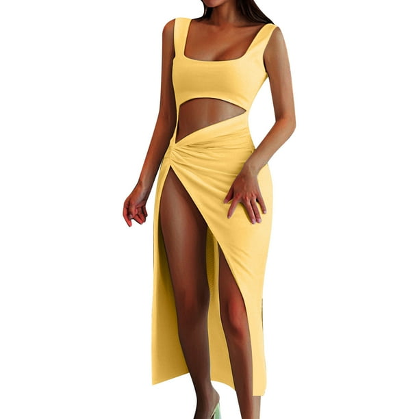 Vestido con tirantes y aberturas para mujer 2025 Summer - Cuello cuadrado, sin mangas, poliéster, fiesta/casual, XS-L