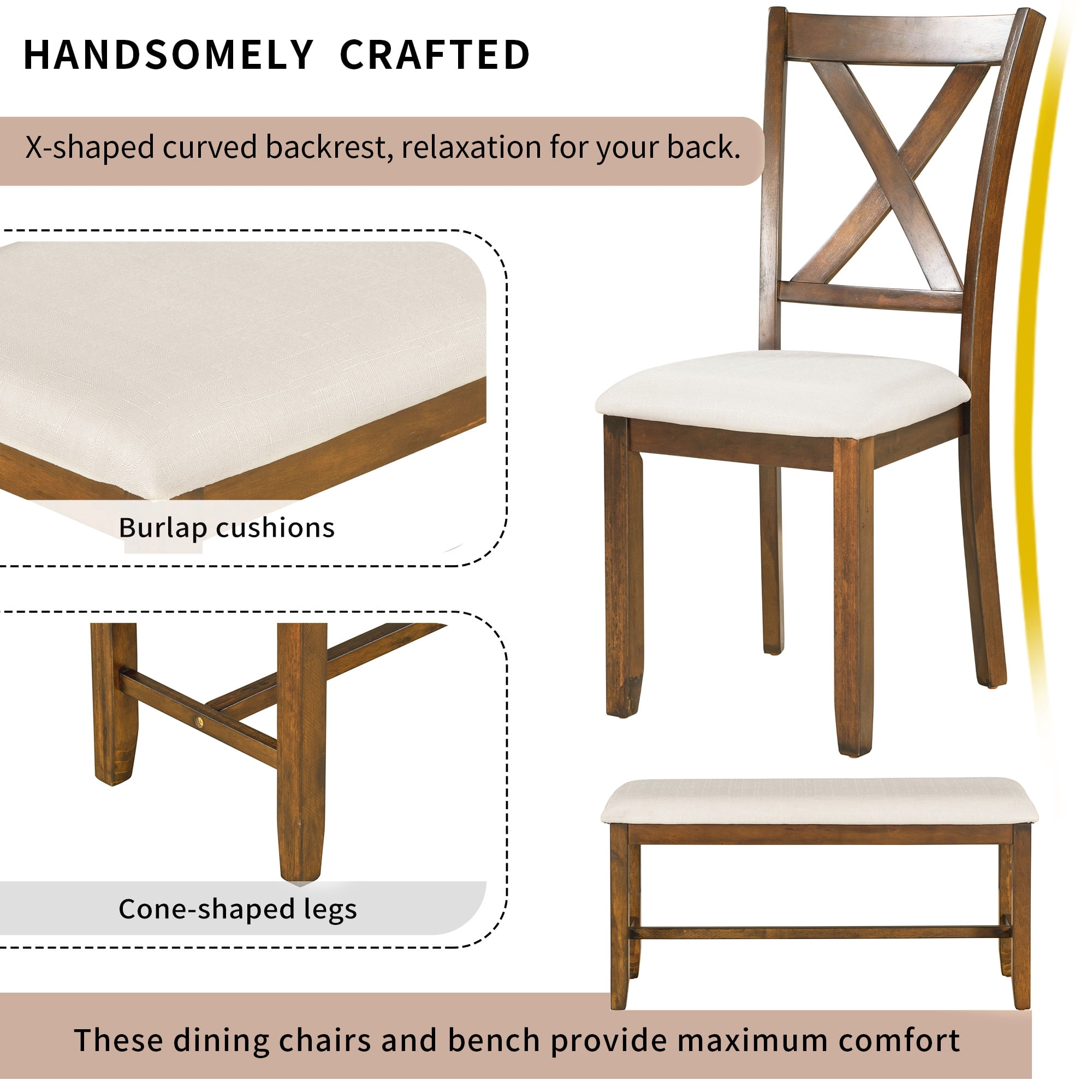 Howcool 6-Piece Kitchen Dining Set, Rectangular Wood Table, 4 Fabric Chairs & Bench, Natural Cherry