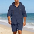 thumbnail image 2 of IWRICH Men's 2 Piece Linen Set Casual Long Sleeve Button down Hoodie Shirts and Shorts Sets Fashion Summer Beach Outfits Navy XXXL, 2 of 5