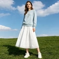 thumbnail image 3 of Women Maxi Skirt Elastic Waist Peasant A Line Flowy Swing Lace Skirt Long Lace Trim Pintuck Tier Skirt (White S), 3 of 5