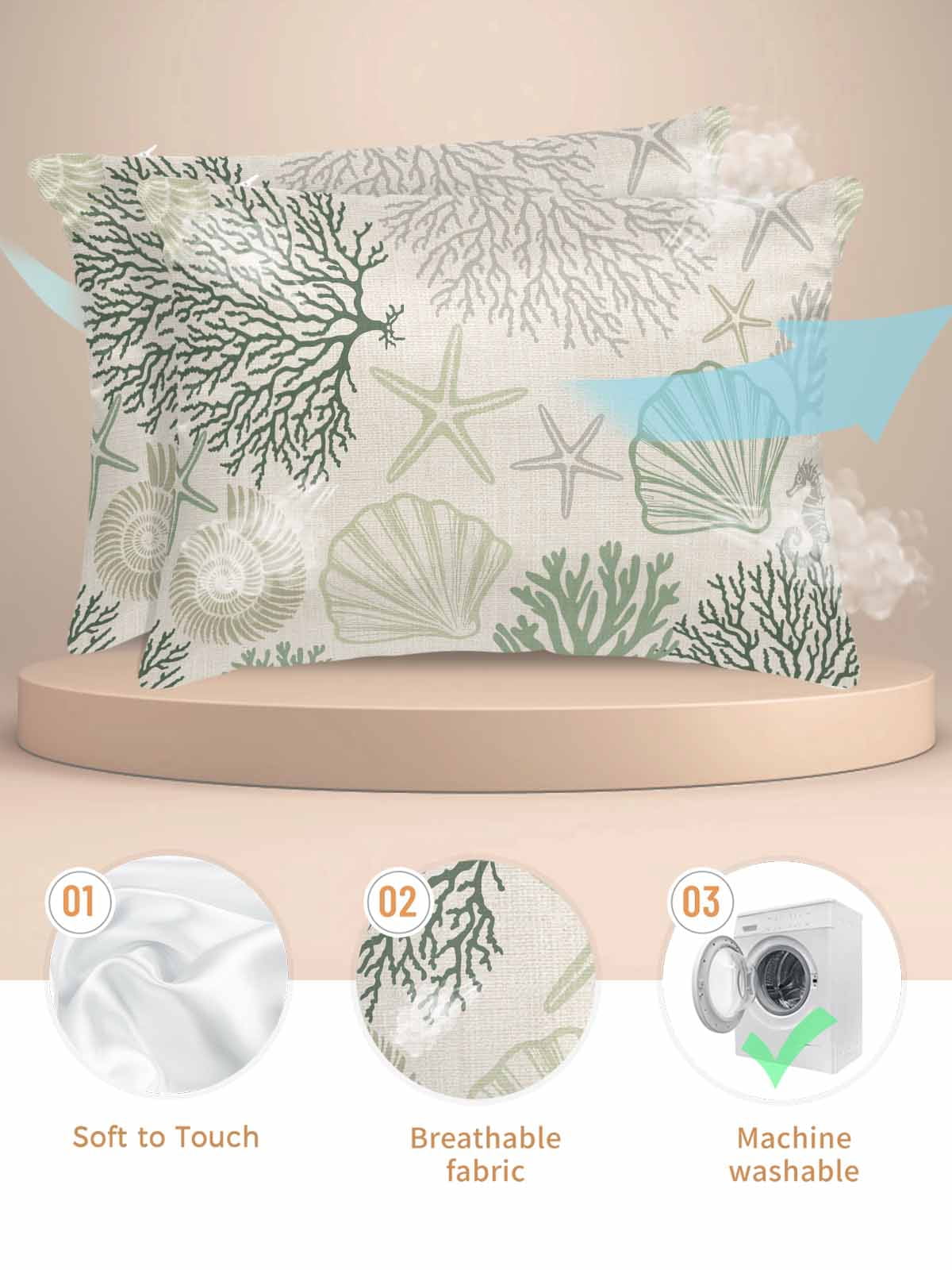 Sage Green Ocean Pillow Cases Queen Size Set of 2, Smooth Satin Pillowcase for Hair and Skin, Coastal Grey Coral Starfish Shell Decorative Cooling Bed Pillow Covers with Zipper, 20x30 Inches