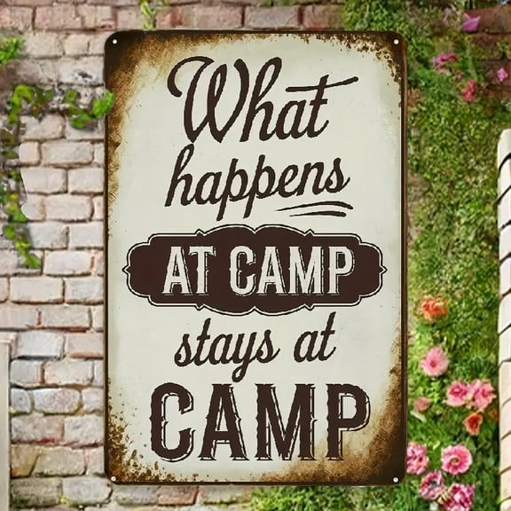 intage What Happens at Camp Metal Sign - Rustic Outdoor Camping Decor, 8x12 Inches - Durable Tin Wall Art for Cabins, Fire Pits, and Camper Vans - Perfect Gift for Camping Enthusiasts, Friends, and Fa
