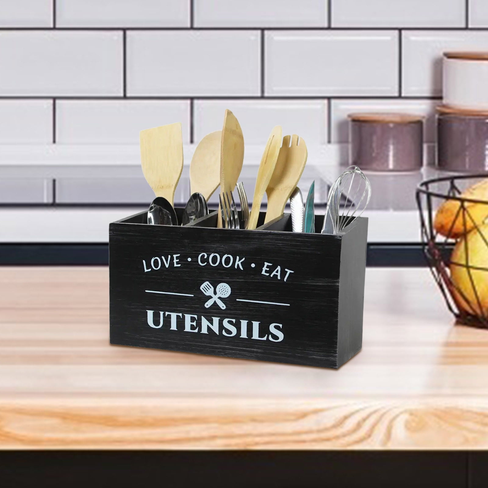 Extra Large Wooden Kitchen Utensil Organizer Countertop Storage Caddy Farmhouse Cooking Tool Holder With Multiple Compartments