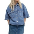 thumbnail image 3 of Short Sleeved Women Denim Jacket Oversized Casual Denim Shirt with Pocket Top, 3 of 4
