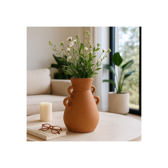 Decorative Terracotta Vase with Handles for Living Room Decor - Boho Flower Vase for House, Bedroom, or Office Space - Ideal for House Accent, Side Table, or Desk Accessory - 12", Brown