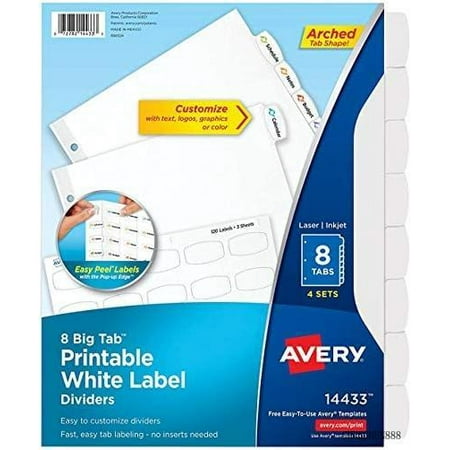 

big tab intable white label dividers easy peel 8 t 4 sets (14433)
