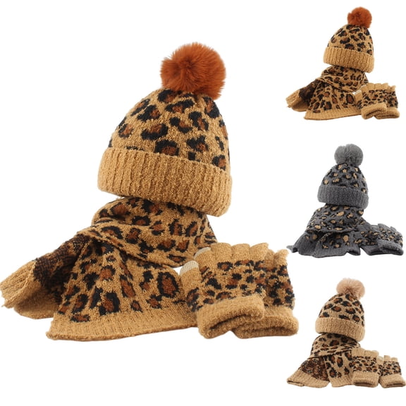 Aihuaihua Kids Winter Knit Beanie Hat Scarf Gloves 3 Piece Set Leopard for Boys Girls Family