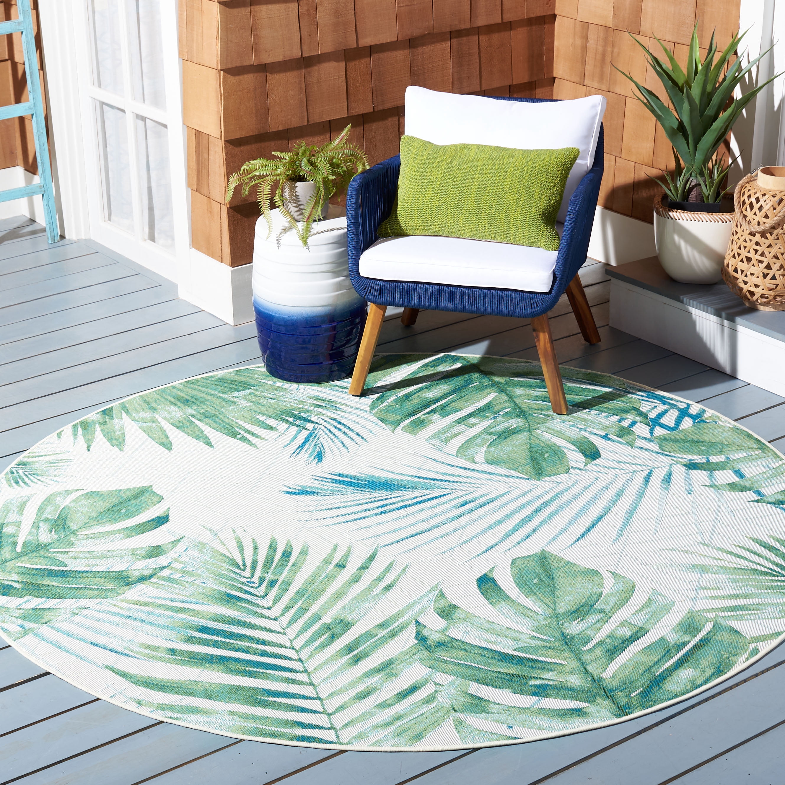 SAFAVIEH Barbados Distressed Palm Leaves Outdoor Area Rug, Green/Teal, 6'6" x 6'6" Round