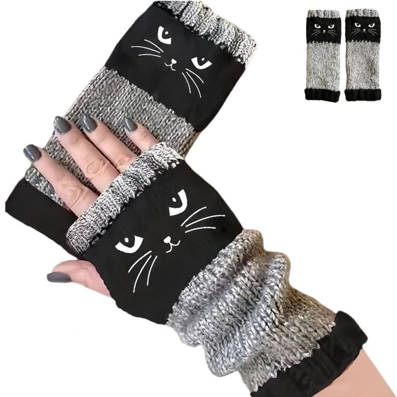 Women’s Knitted Fingerless Gloves with Cute Cat Embroidery, 2026 New Fashionable Fingerless Gloves for Winter