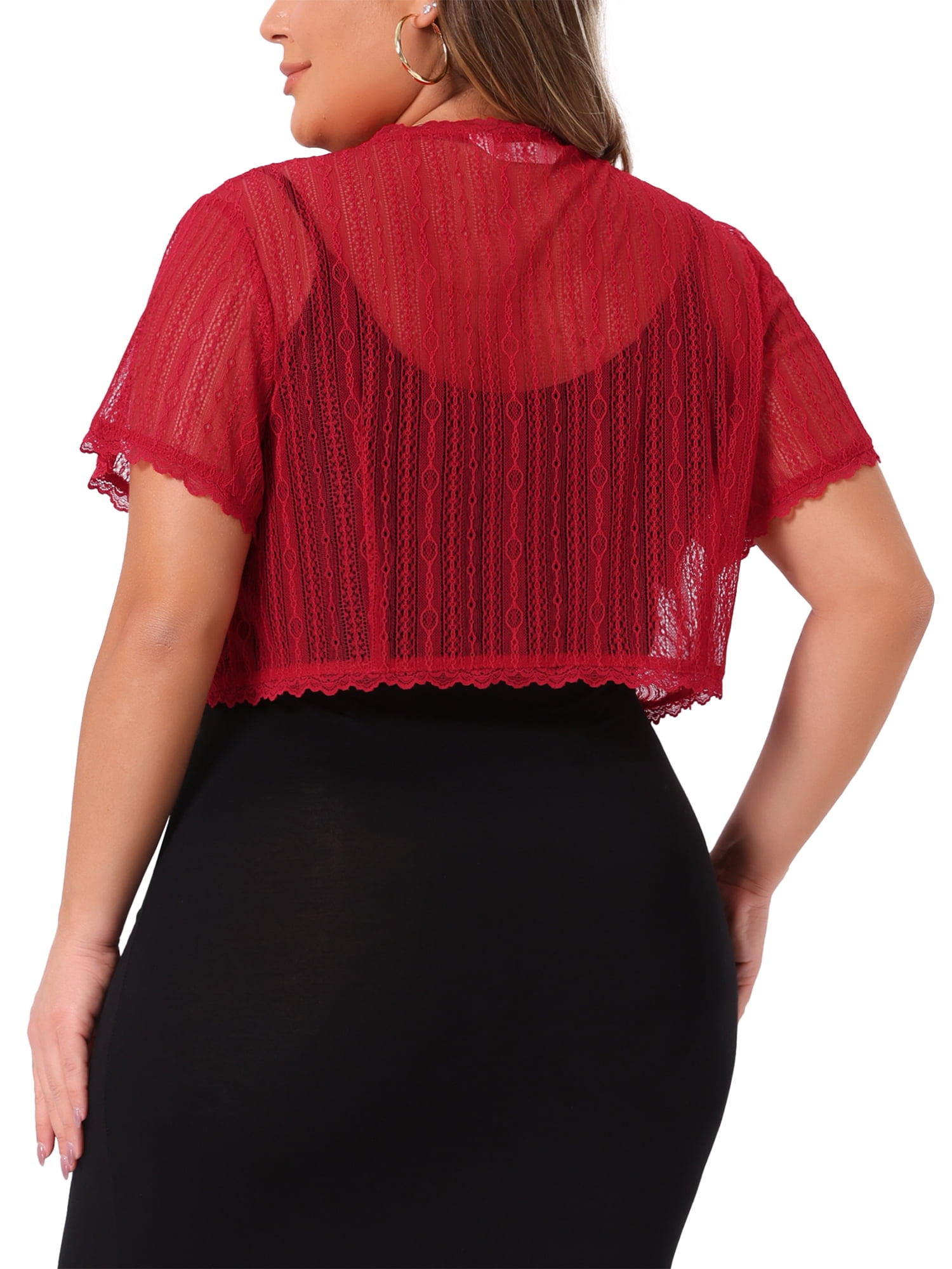 DARING DIVA Plus Size Lace Shrugs Sheer Short Sleeve Bolero Tops 2X Red