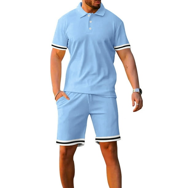 Bellella Men Jogger Set Drawstring Elastic Waist POLO Shirts And Shorts Lapel Neck 2 Pieces Outfit Lounge Short Sleeve Tracksuit Sets Mens Light Blue 2XL Walmart