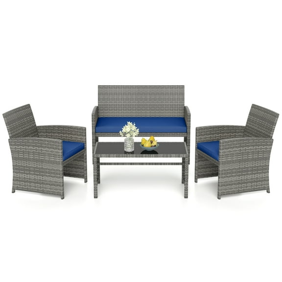 Gymax 4 Piece Patio Furniture Set Outdoor Wicker Conversation Set w/ Tempered Glass Coffee Table Navy