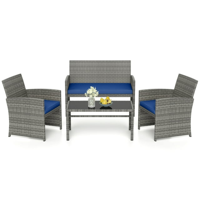 Gymax 4 Piece Patio Furniture Set Outdoor Wicker Conversation Set w/ Tempered Glass Coffee Table Navy