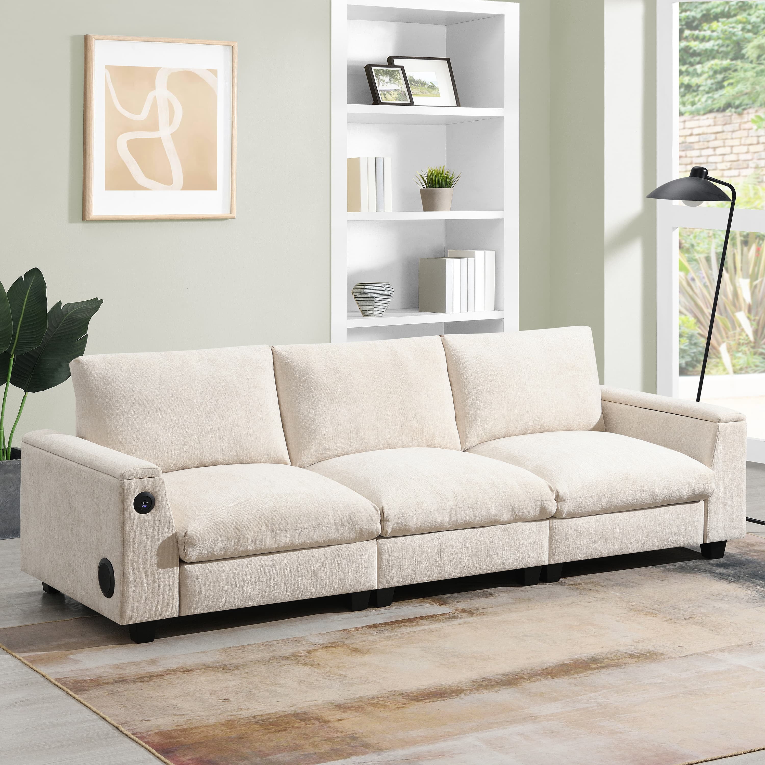 MAYEERTY 96x35" Chenille Sectional Sofa - Bluetooth Speaker, Drop Down Table/Cup Holders/USB/Storage, Wide Seat for Living Room/Apartment/Office, 3 Colors