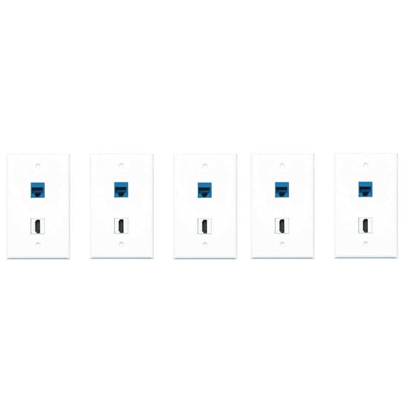 RiteAV - 1 Port HDMI 1 Port Cat6 Ethernet Blue Wall Plate - Bracket Included - 5 Pack