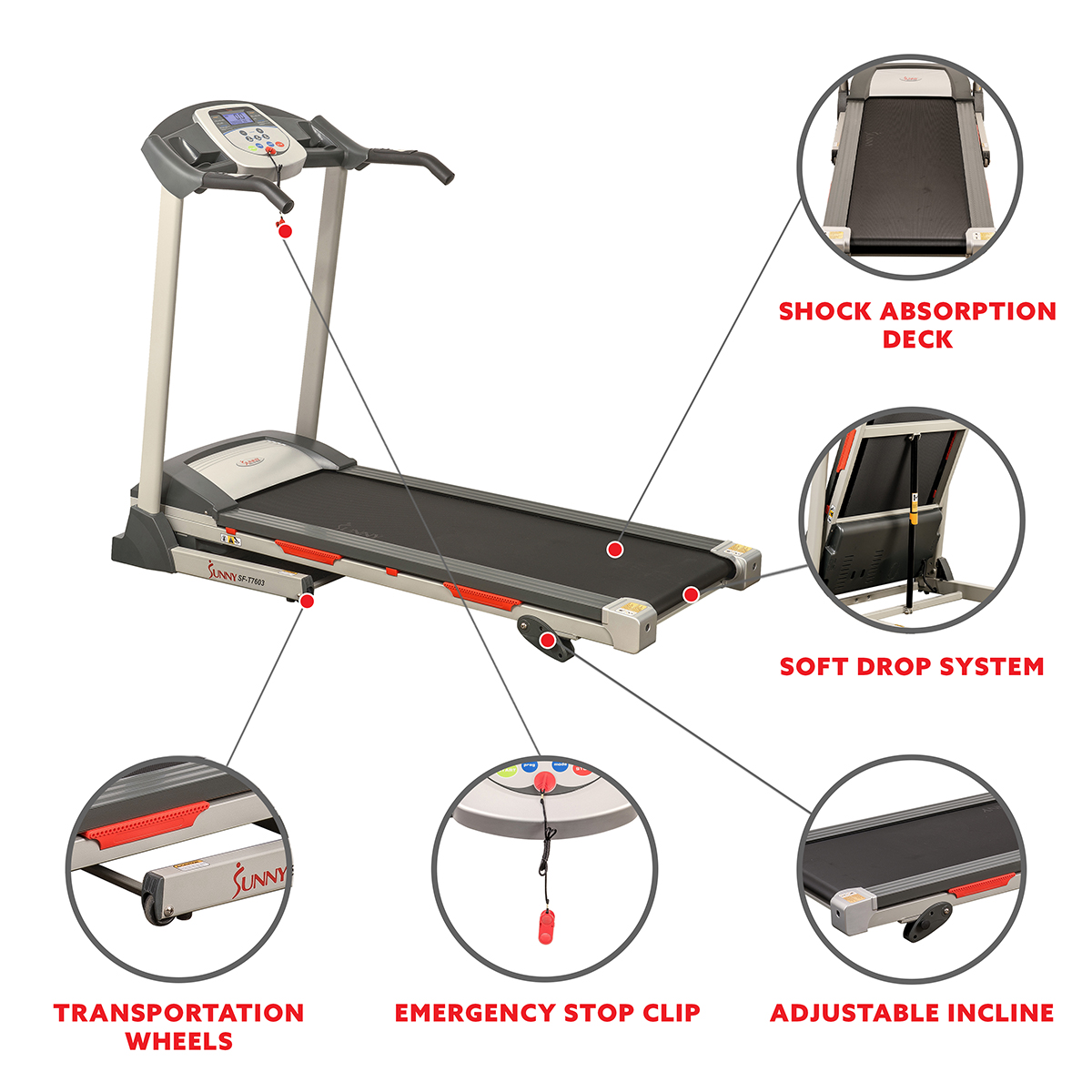 Sunny Health & Fitness Powerful Electric Treadmill for Home, Foldable, Manual Incline, Built-In Programs, Pulse Sensor, SF-T7603 - image 4 of 8