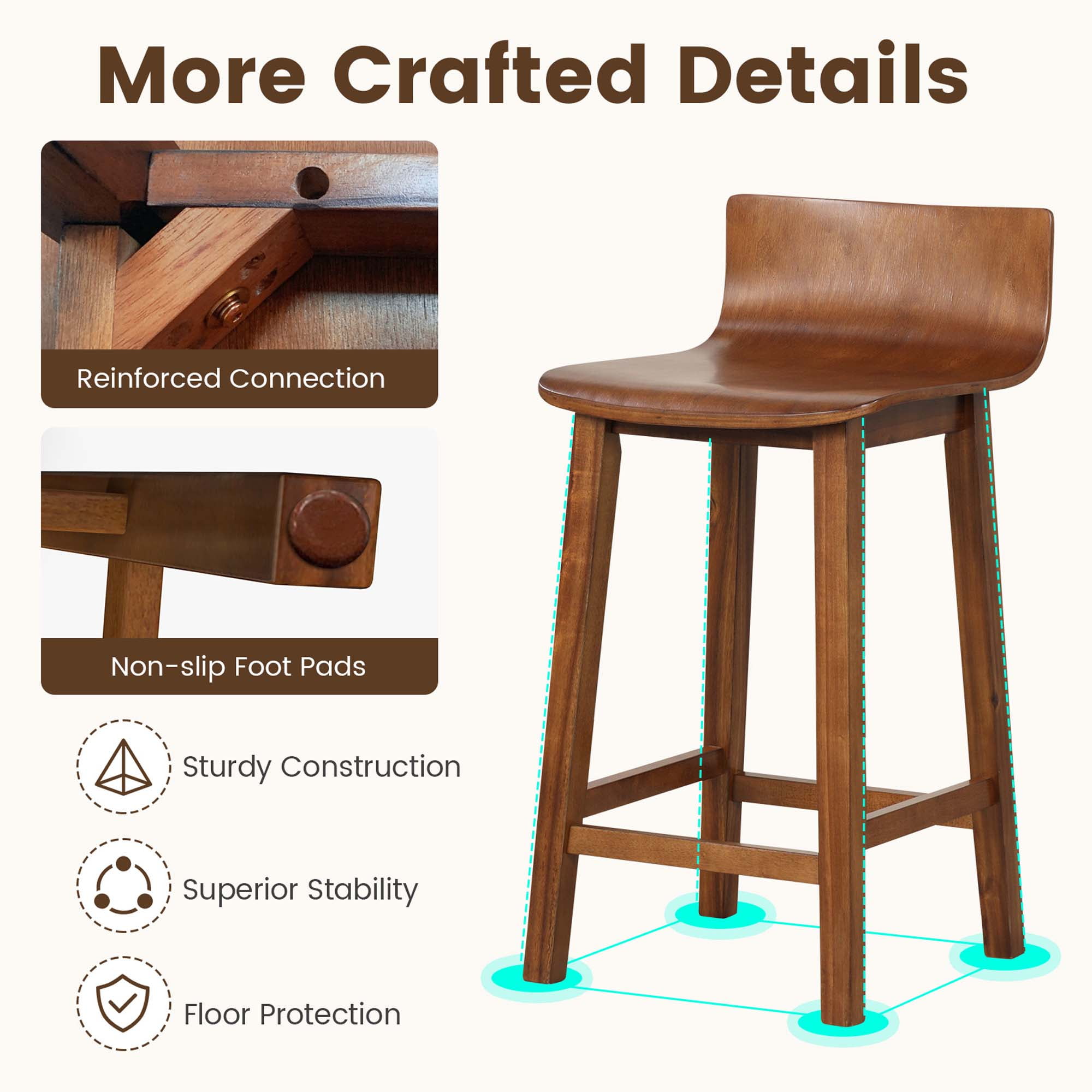 Costway 24.5" Wood Bar Stools Set of 2 with Solid Back & Seat Mid Century Bar Chairs Brown